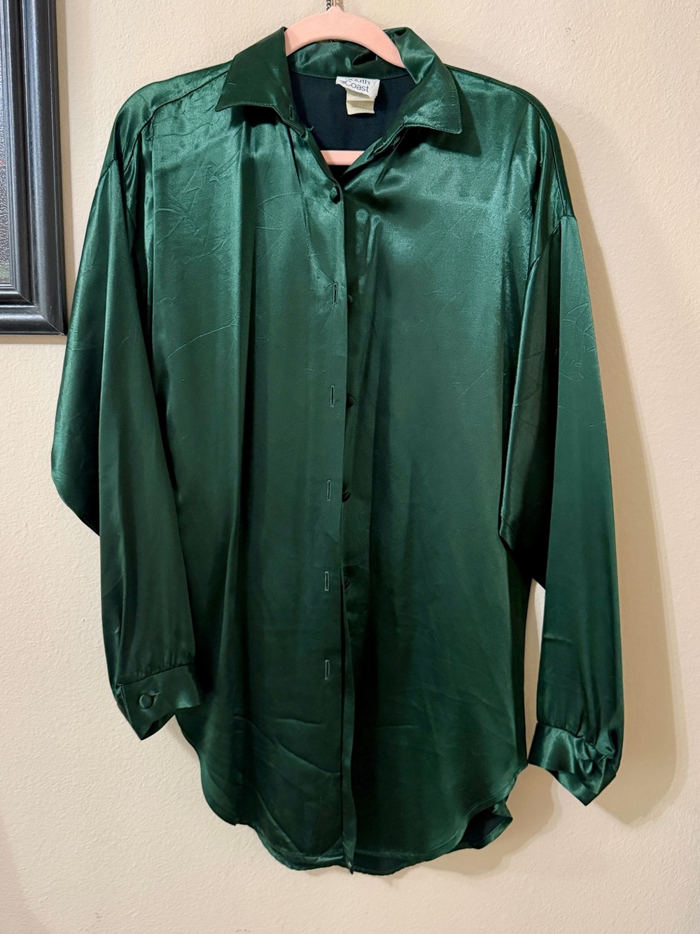 South Coast Womens Emerald Green Satin Button-Up Shirt